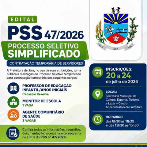 Prefeitura de Jóia abre inscrições para Processo Seletivo Simplificado com vagas na Educação e Saúde